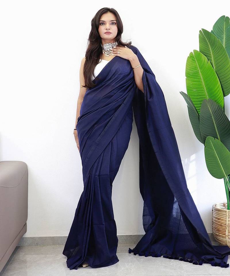 Navy blue  cotton plain saree