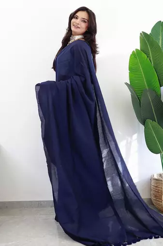 Navy blue  cotton plain saree