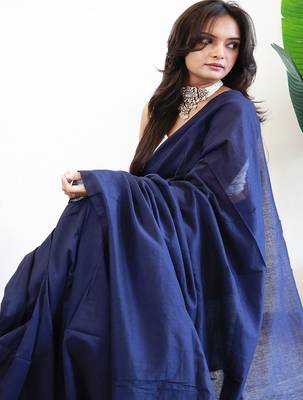 Navy blue  cotton plain saree 5