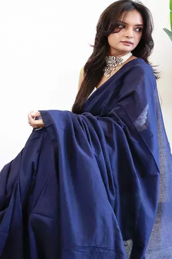 Navy blue  cotton plain saree