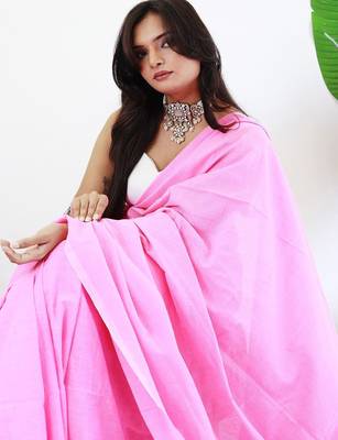 Pink  cotton saree with blouse piece 5