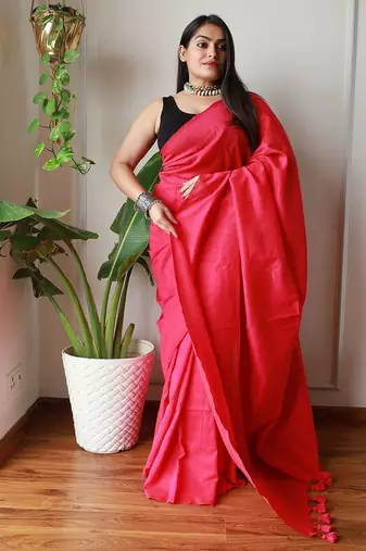 Pink women  cotton khadi saree