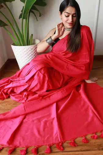 Pink women  cotton khadi saree