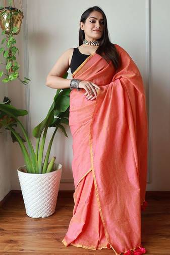 Peach  cotton khadi saree