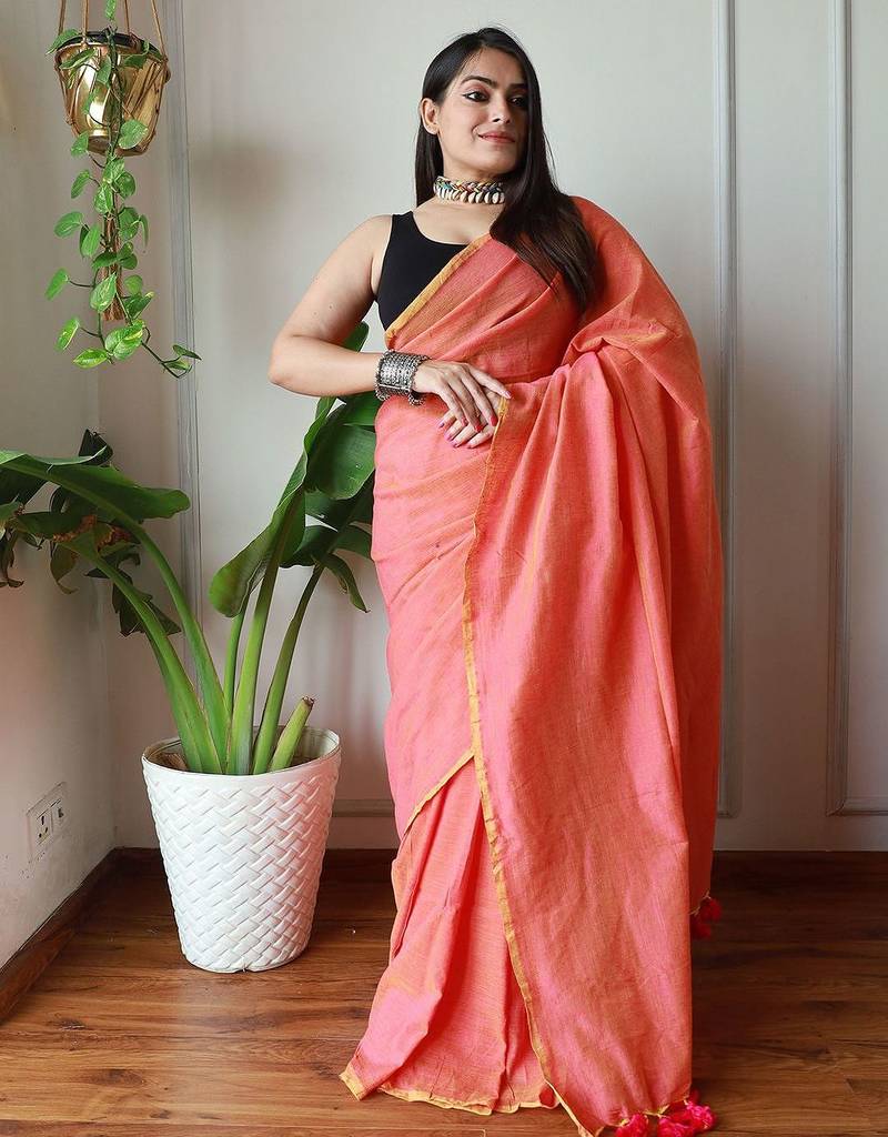 Peach  cotton khadi saree
