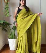 Green zari  cotton saree with blouse piece