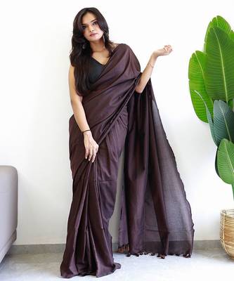 Brown solid  cotton woven saree 1