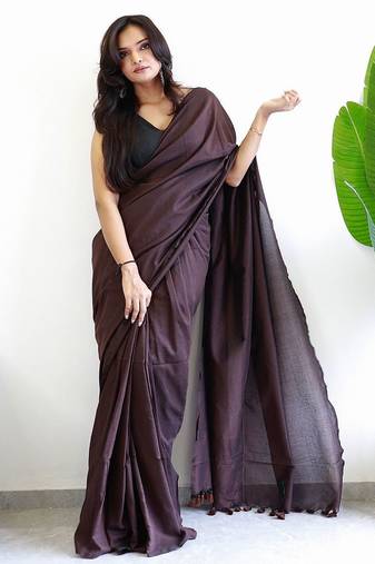 Brown solid  cotton woven saree