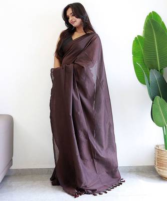 Brown solid  cotton woven saree 2