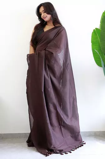 Brown solid  cotton woven saree