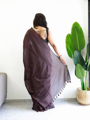 Brown solid  cotton woven saree 3