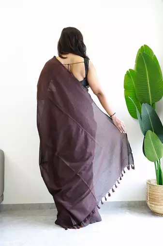 Brown solid  cotton woven saree