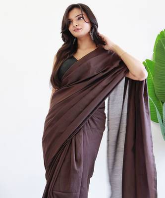 Brown solid  cotton woven saree 4