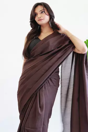 Brown solid  cotton woven saree