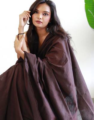 Brown solid  cotton woven saree 5