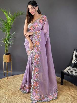 Purple purple embroidered tissue  sarees 1