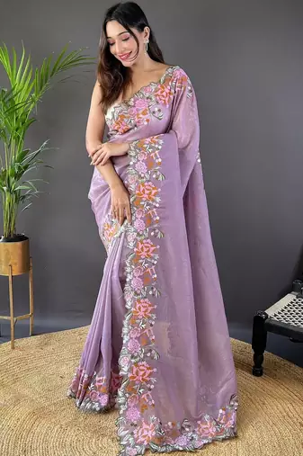 Purple purple embroidered tissue  sarees
