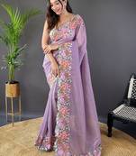 Purple purple embroidered tissue  sarees