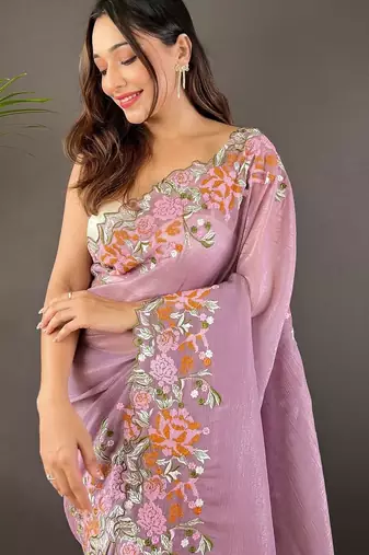 Purple purple embroidered tissue  sarees