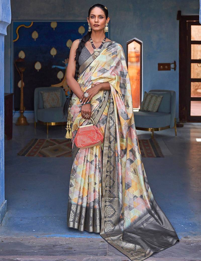 Yellow yellow & white ethnic motifs woven design zari banarasi saree