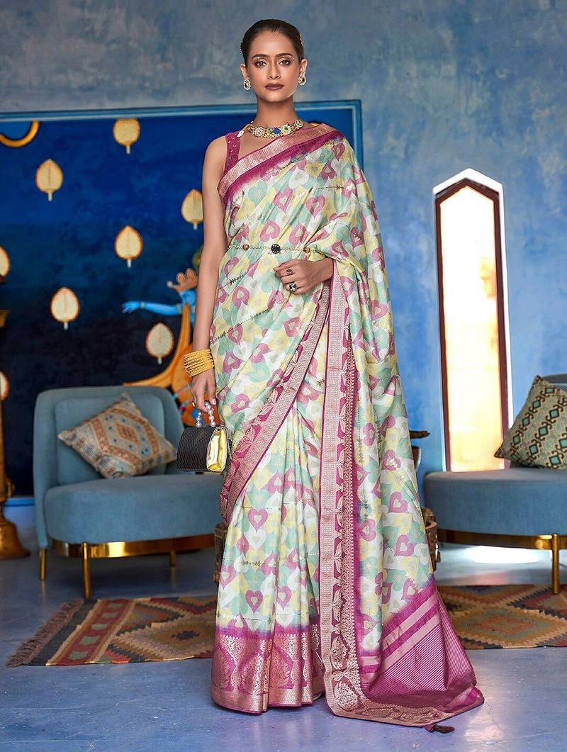Green green & pink woven design zari banarasi saree