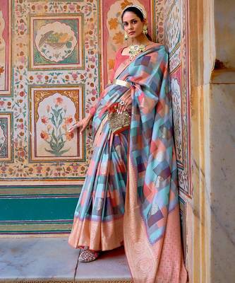 Blue blue & pink printed zari silk blend banarasi saree 1