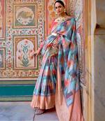 Blue blue & pink printed zari silk blend banarasi saree