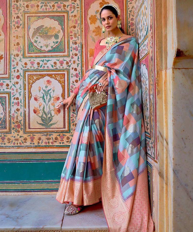 Blue blue & pink printed zari silk blend banarasi saree
