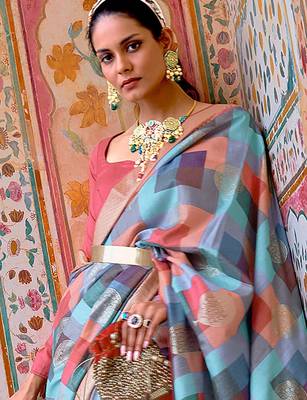 Blue blue & pink printed zari silk blend banarasi saree 2