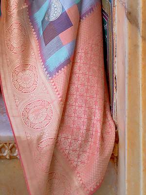Blue blue & pink printed zari silk blend banarasi saree 3