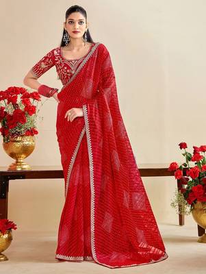 Red bandhani print sequinned  georgette bandhani saree 1