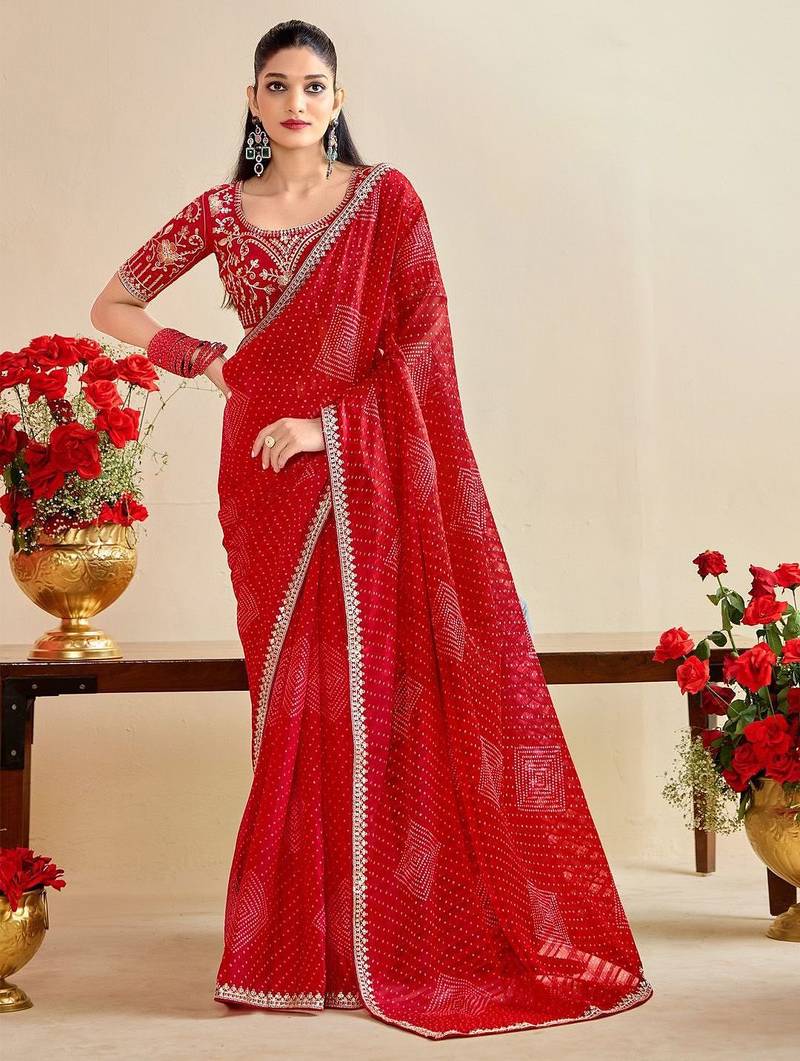 Red bandhani print sequinned  georgette bandhani saree