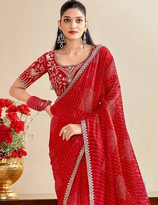 Red bandhani print sequinned  georgette bandhani saree 2
