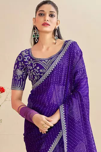 Blue bandhani beads and stones  georgette bandhani saree