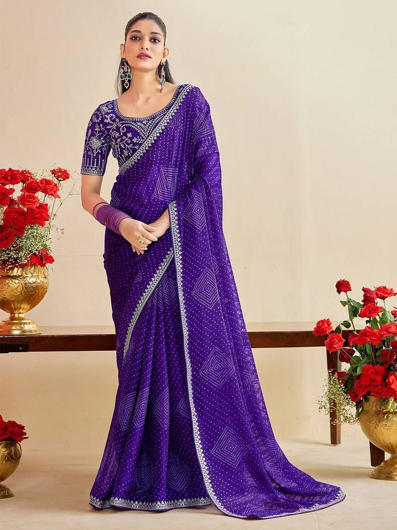 Blue bandhani beads and stones  georgette bandhani saree