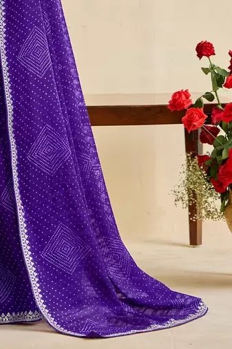 Blue bandhani beads and stones  georgette bandhani saree