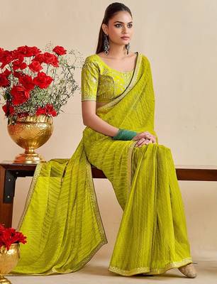 Lime bandhani printed embroidered  georgette bandhani saree 3