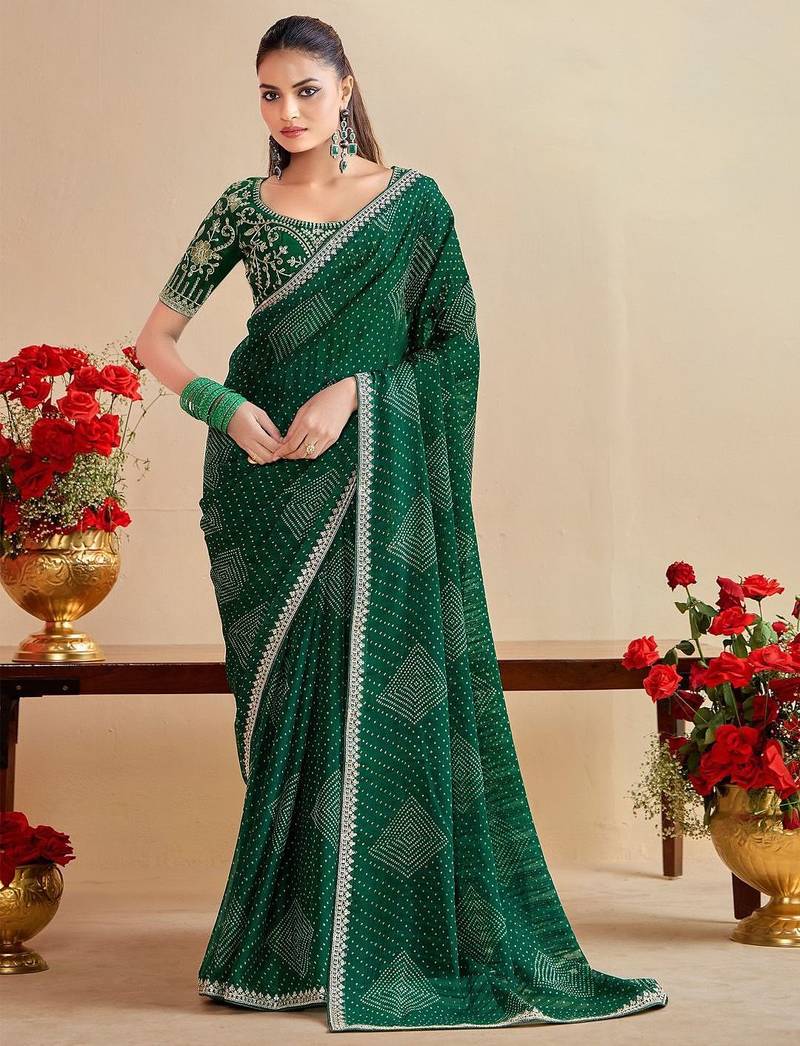 Green bandhani sequinned  georgette bandhani saree