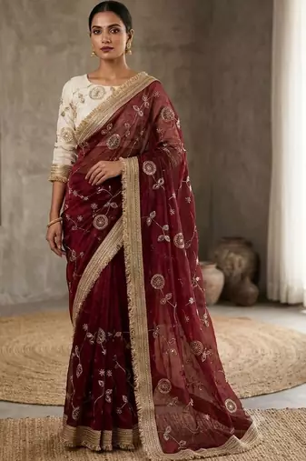 Maroon floral embroidered satin designer saree