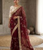 Maroon floral embroidered satin designer saree