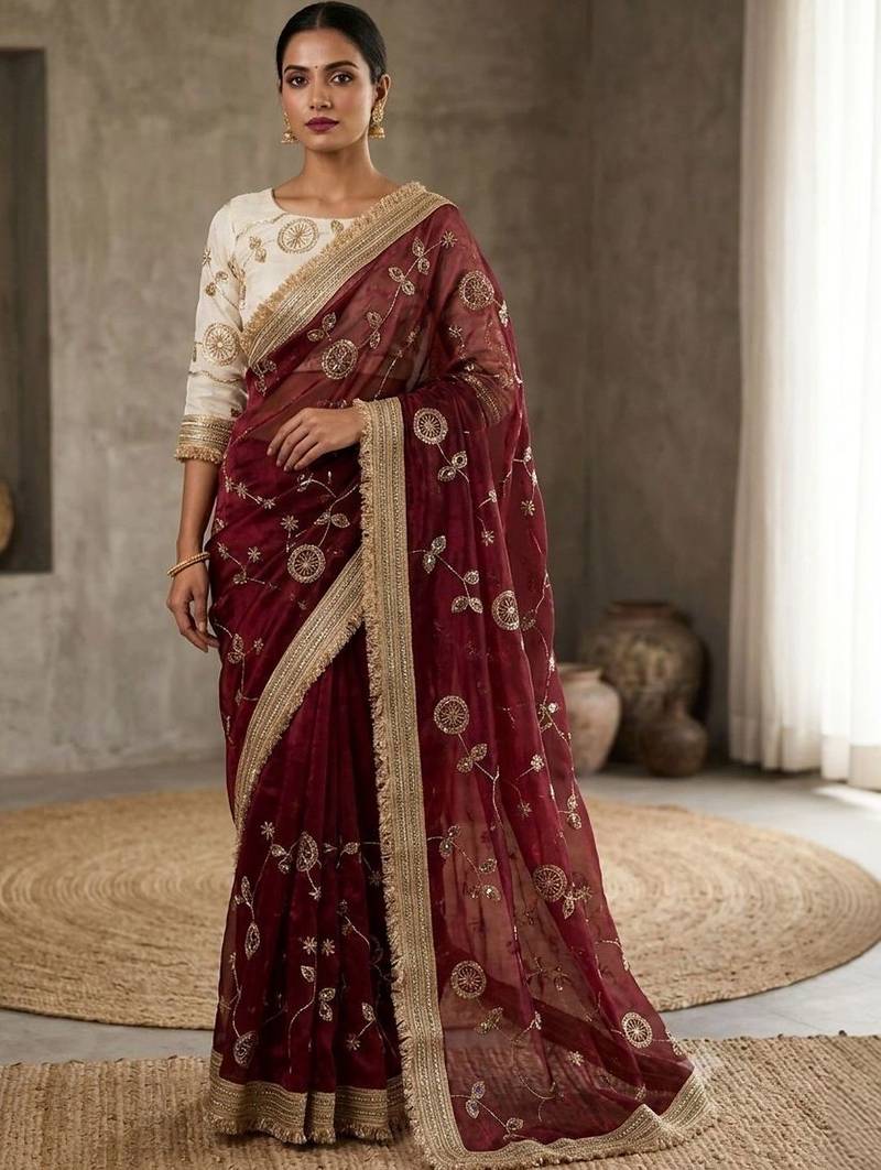 Maroon floral embroidered satin designer saree
