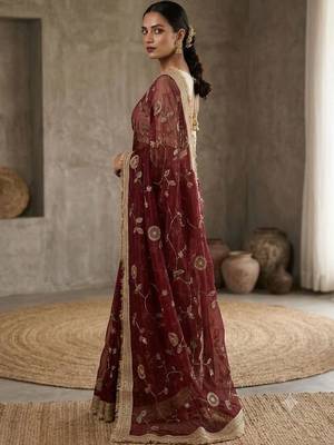 Maroon floral embroidered satin designer saree 2