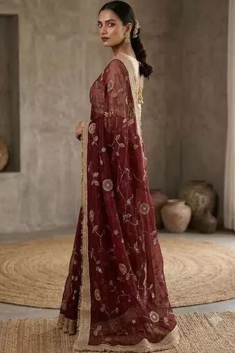 Maroon floral embroidered satin designer saree