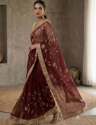 Maroon floral embroidered satin designer saree 3
