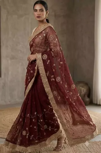 Maroon floral embroidered satin designer saree
