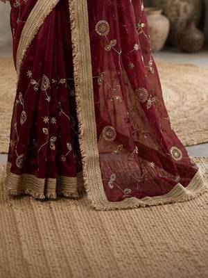 Maroon floral embroidered satin designer saree 4