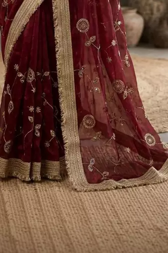 Maroon floral embroidered satin designer saree