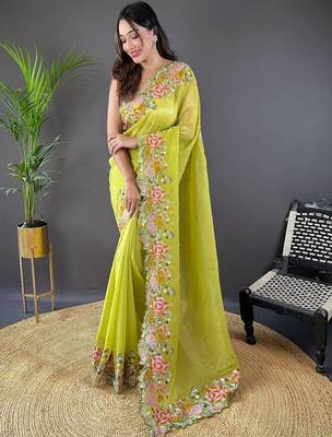 Lime lime green embroidered tissue  sarees 1