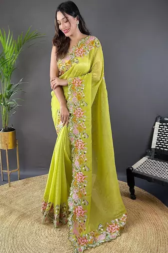 Lime lime green embroidered tissue  sarees