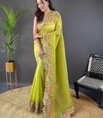 Lime lime green embroidered tissue  sarees